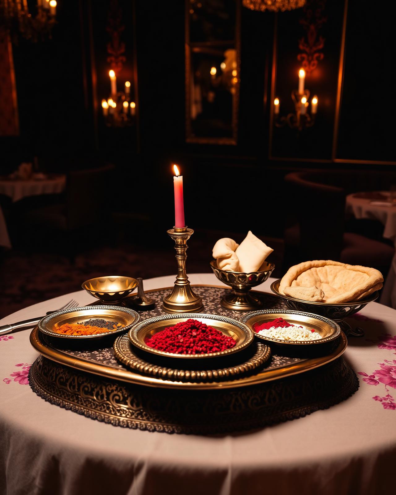 Elegant traditional Yemeni dining setup with brass plates and candlelight
